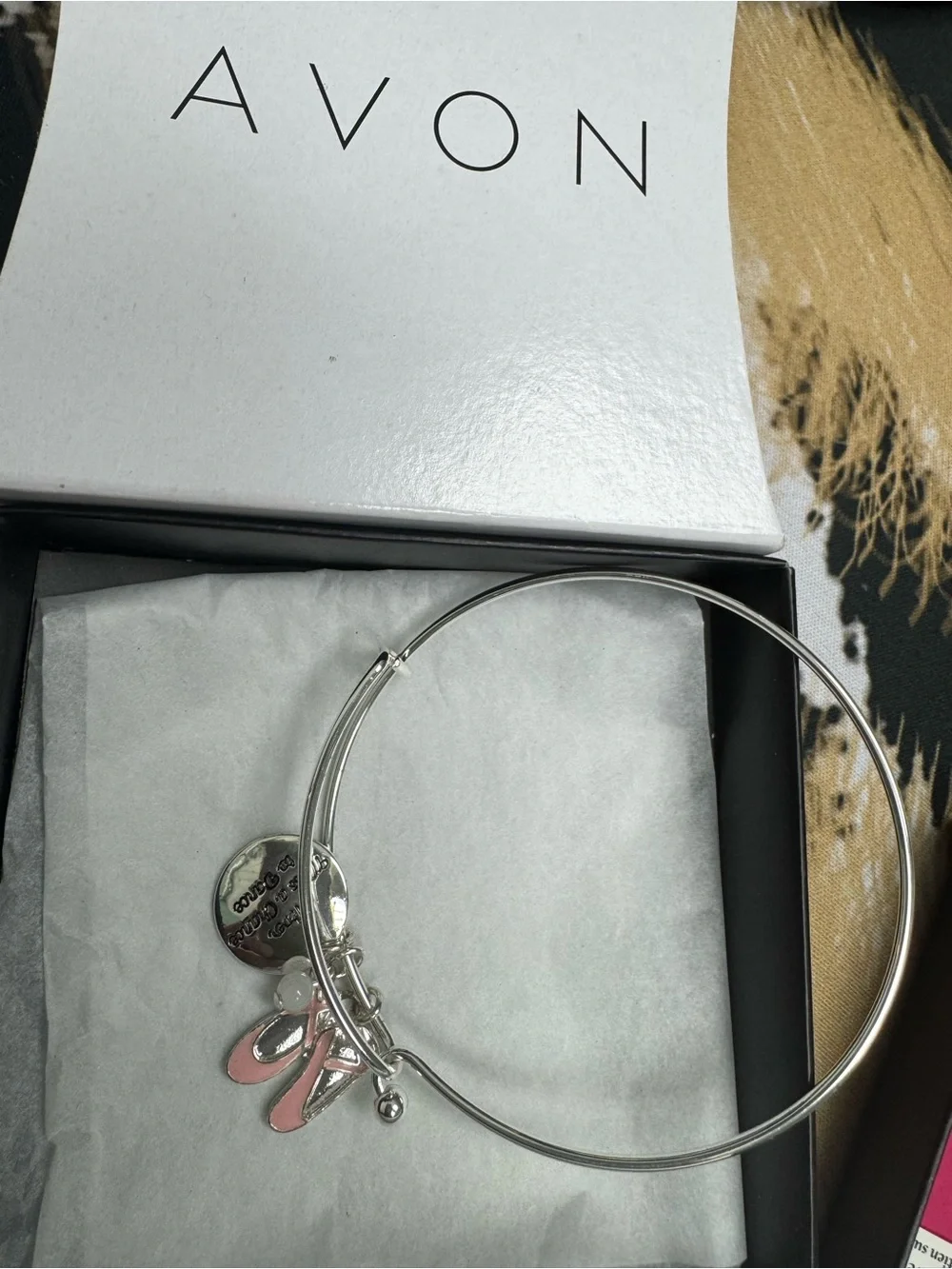 Avon Silver-Tone Bangle Bracelet with Pink Enamel Ballet Shoe Charms